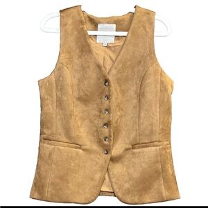 Autres Filles Tan Western Vegan Faux Suede Academic Button Front Vest Lined Sz S